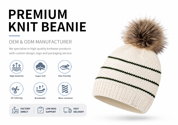 Acrylic Striped Jacquard Pom Beanie