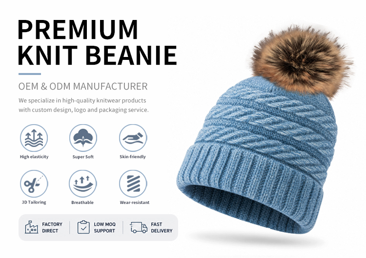 Wool Blend Cable Knit Pom Beanie