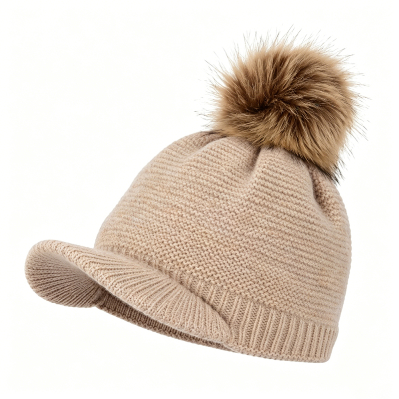 Pom Pom Knit Brim Fleece Lined Beanie