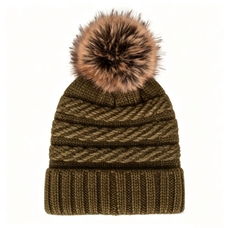 Wool Blend Cable Knit Pom Beanie
