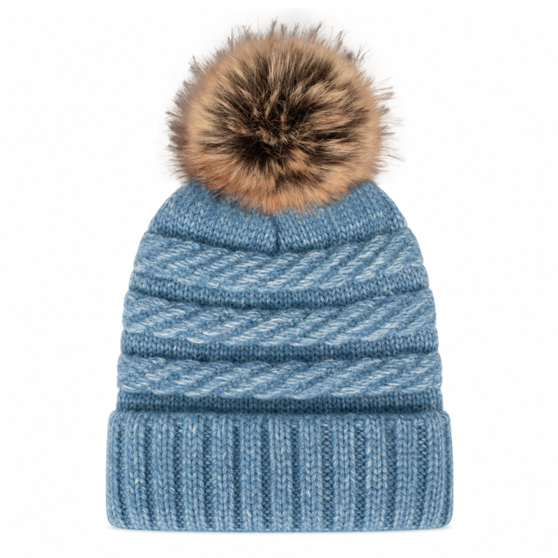 Wool Blend Cable Knit Pom Beanie