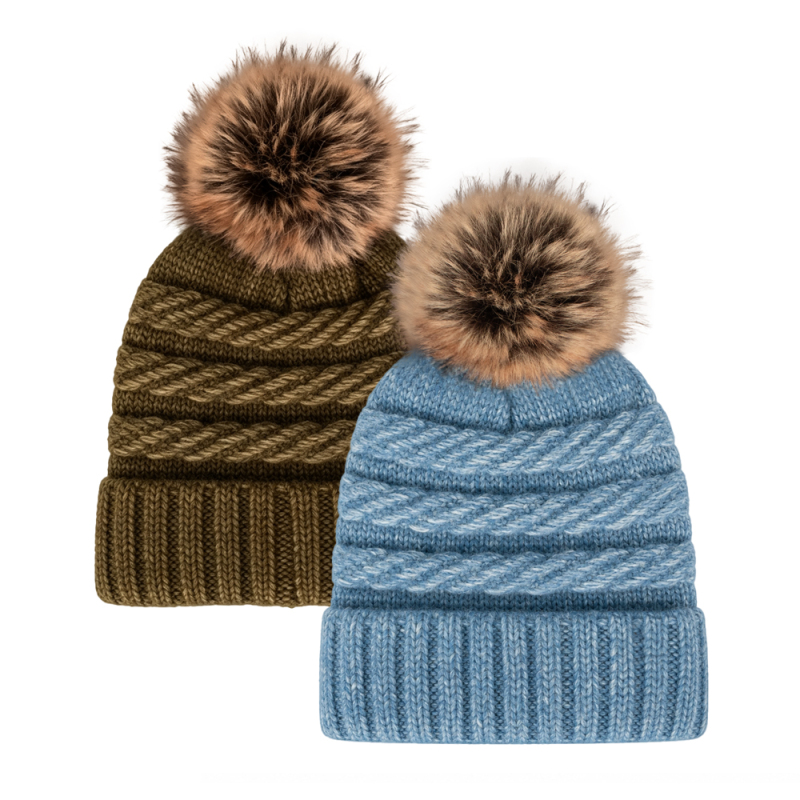 Wool Blend Cable Knit Pom Beanie