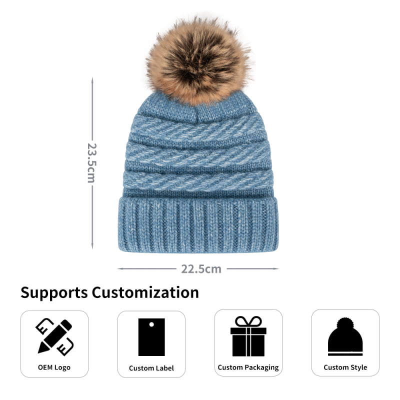Wool Blend Cable Knit Pom Beanie