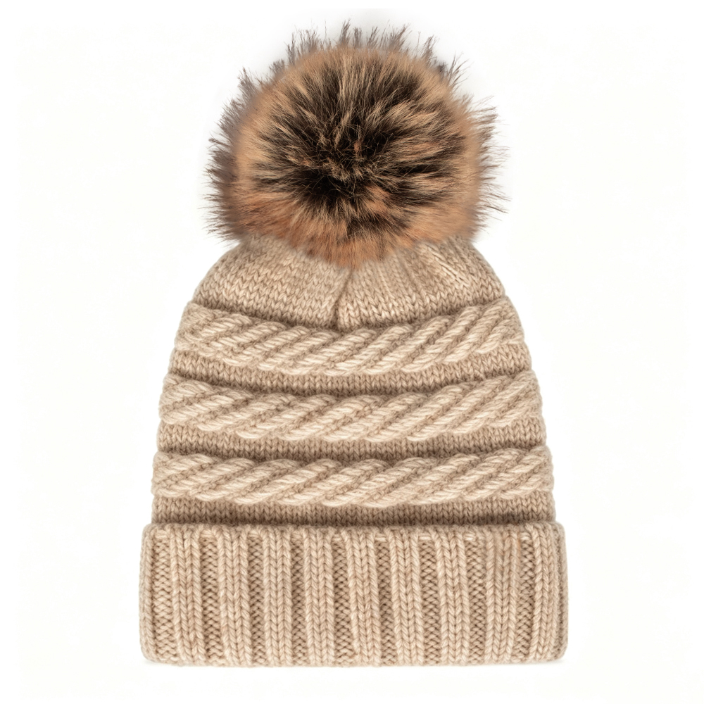 Wool Blend Cable Knit Pom Beanie