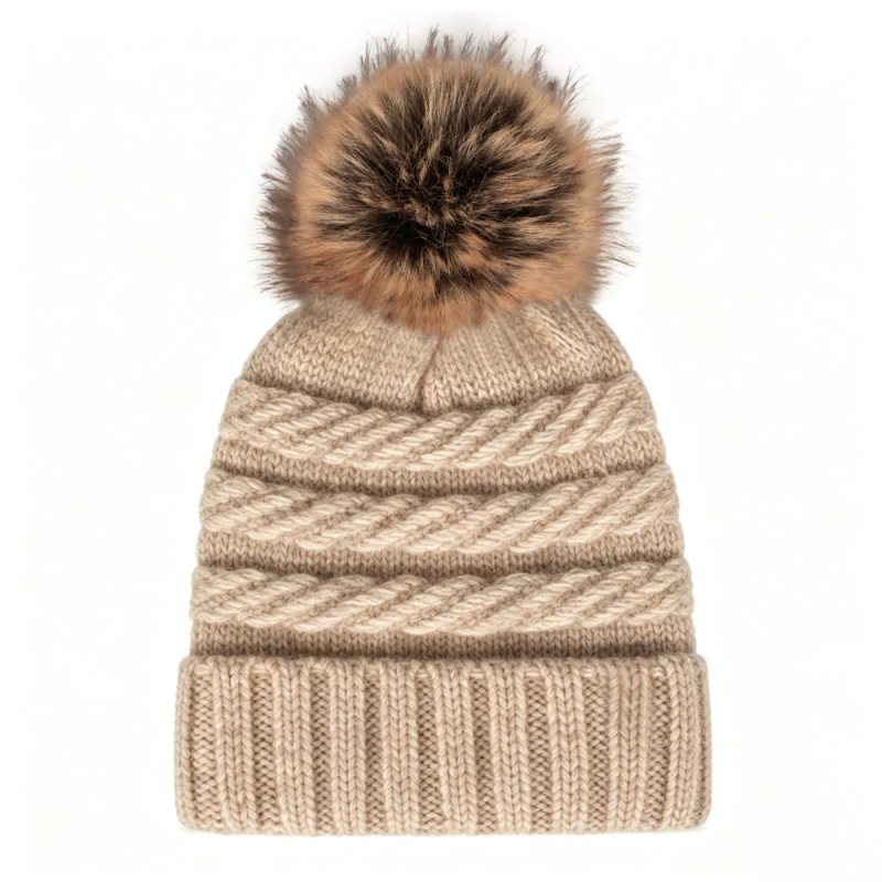 Wool Blend Cable Knit Pom Beanie