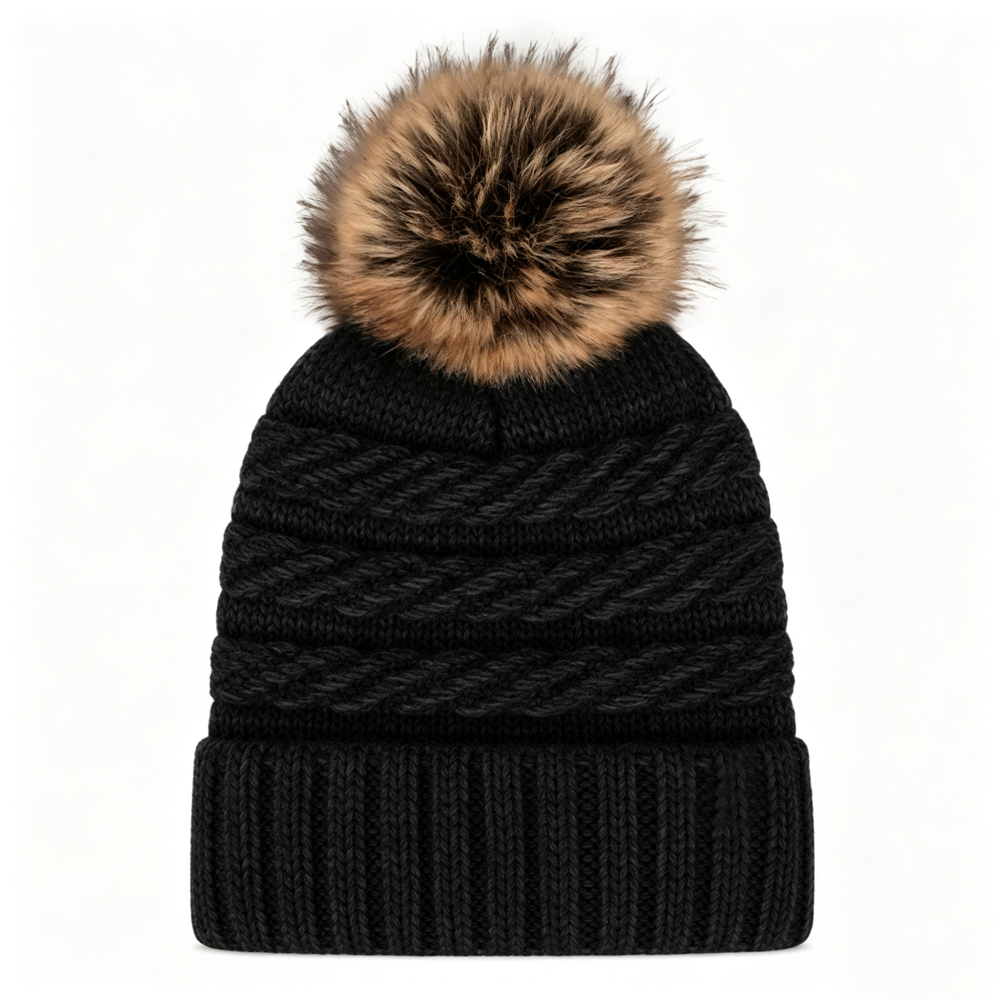 Wool Blend Cable Knit Pom Beanie