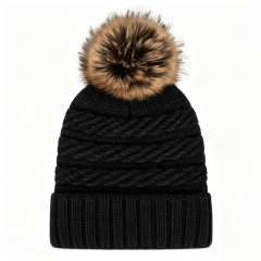 Wool Blend Cable Knit Pom Beanie