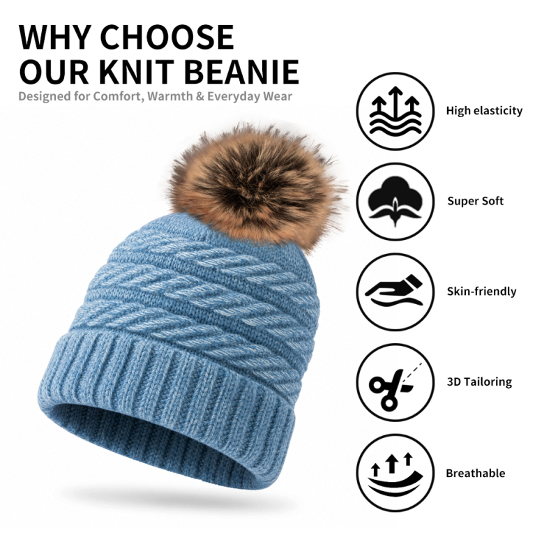 Wool Blend Cable Knit Pom Beanie