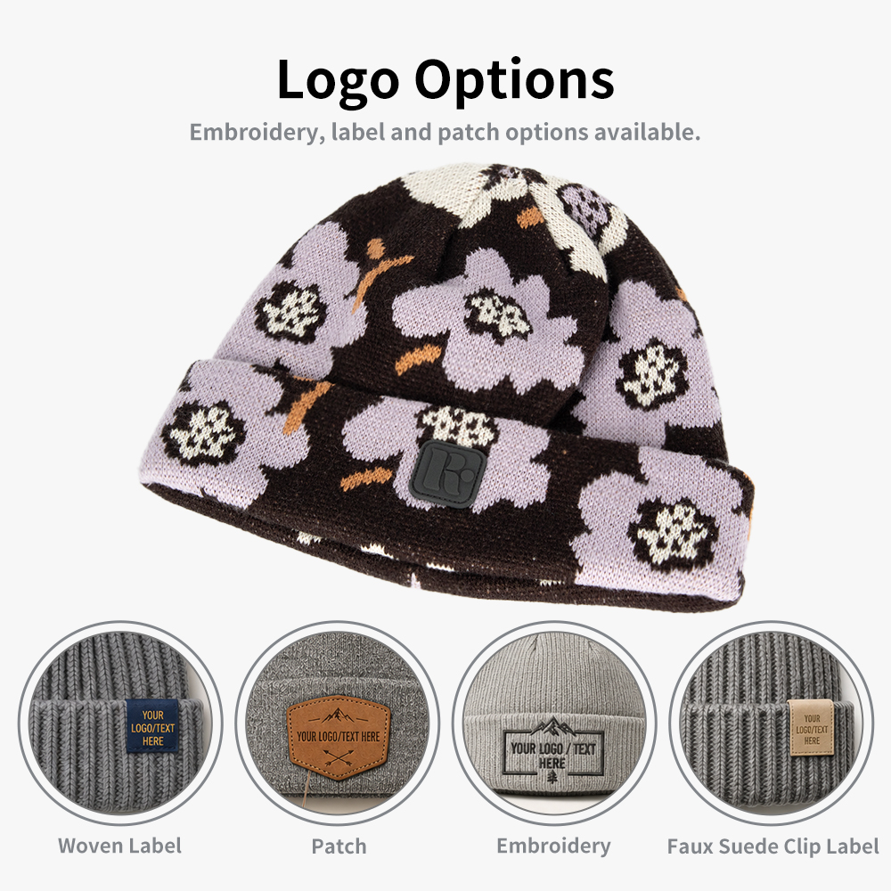 Floral Jacquard Knit Cuffed Beanie