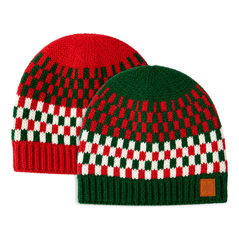 Red and Green Checkerboard Beanie with a Plain Crown