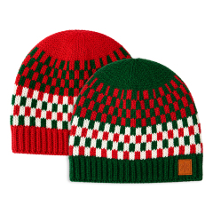 Red and Green Checkerboard Beanie with a Plain Crown