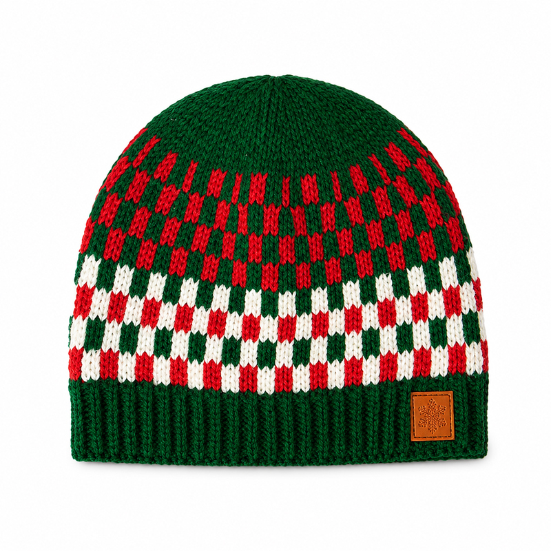 Red and Green Checkerboard Beanie with a Plain Crown
