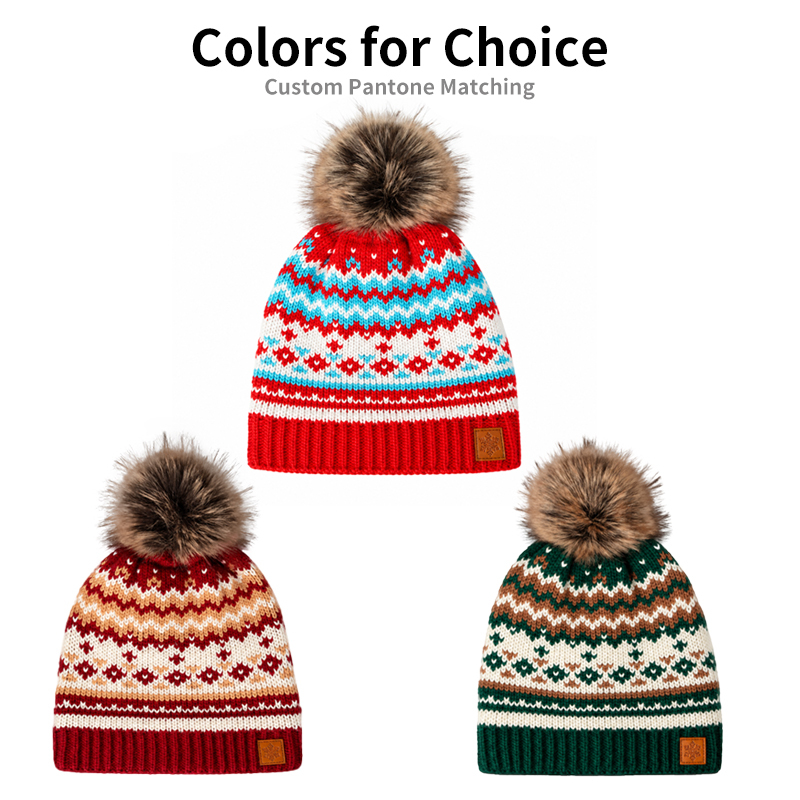 Green and Cream Fair Isle Pom Beanie with Brown Pattern Bands
