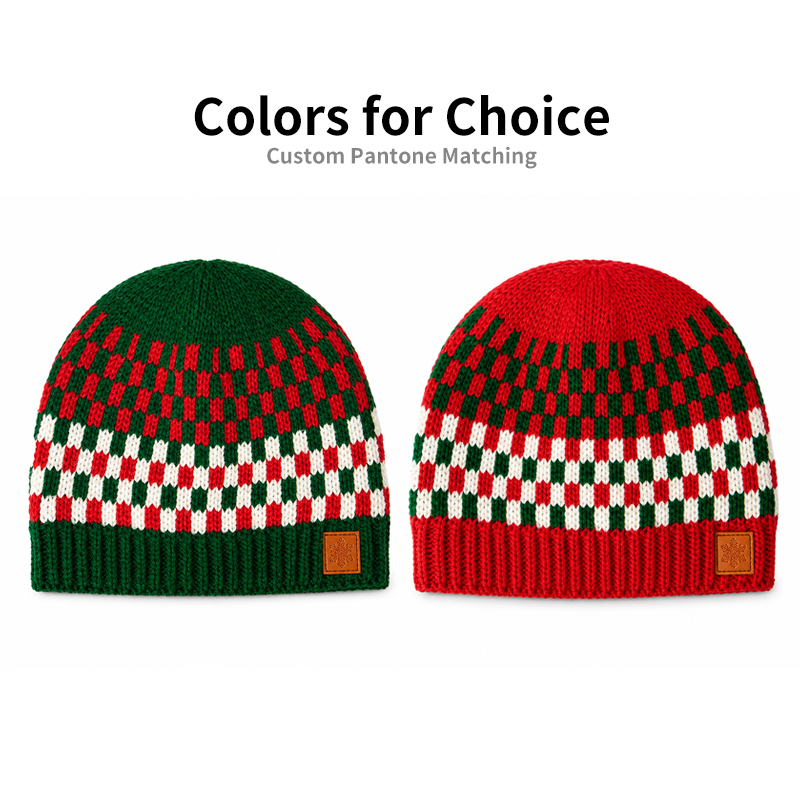 Red and Green Checkerboard Beanie with a Plain Crown