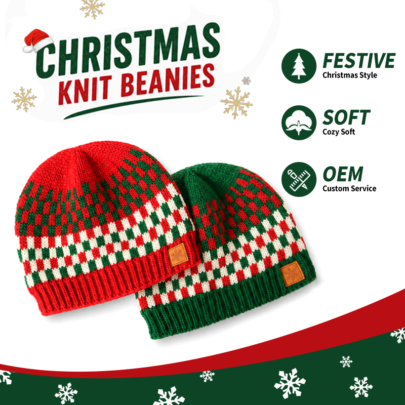 Red and Green Checkerboard Beanie with a Plain Crown