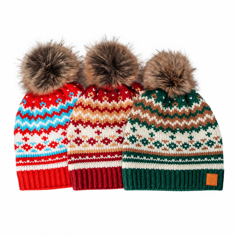Green and Cream Fair Isle Pom Beanie with Brown Pattern Bands