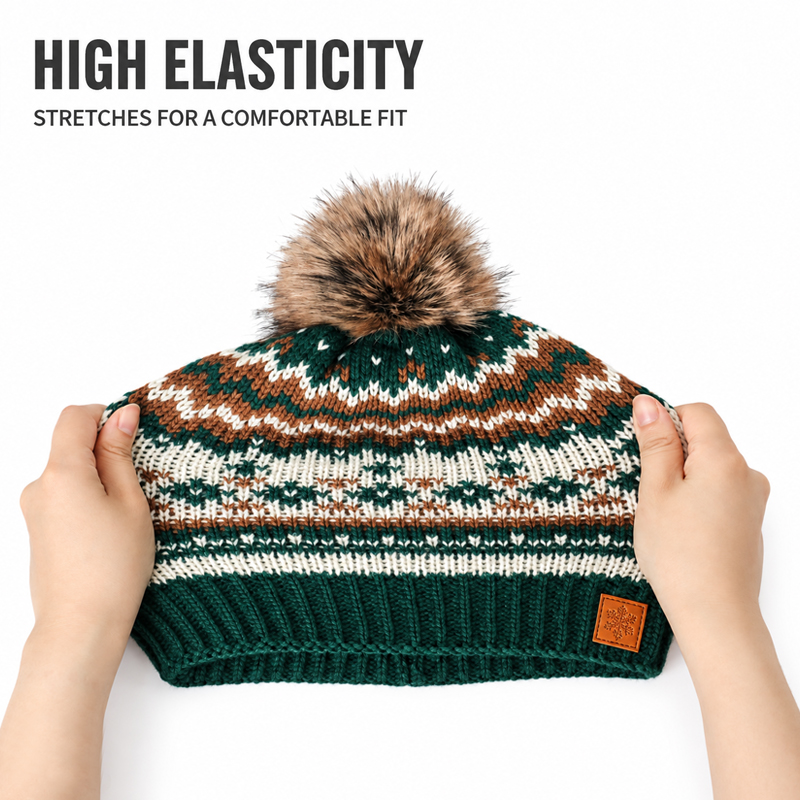 Green and Cream Fair Isle Pom Beanie with Brown Pattern Bands