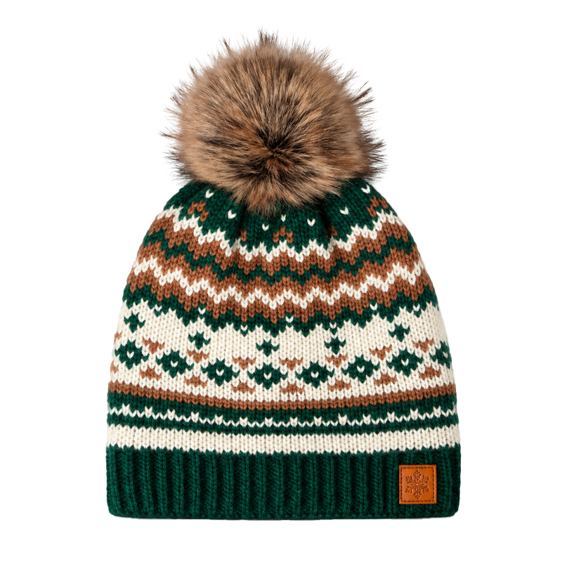 Green and Cream Fair Isle Pom Beanie with Brown Pattern Bands