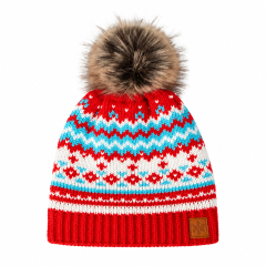 Green and Cream Fair Isle Pom Beanie with Brown Pattern Bands