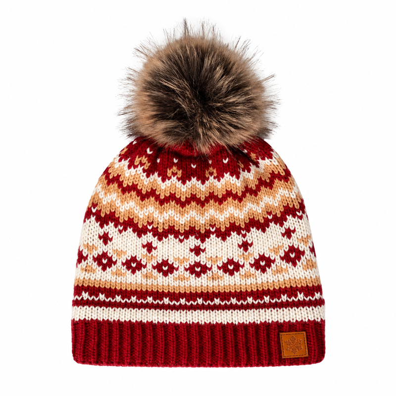 Green and Cream Fair Isle Pom Beanie with Brown Pattern Bands