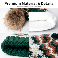 Green and Cream Fair Isle Pom Beanie with Brown Pattern Bands