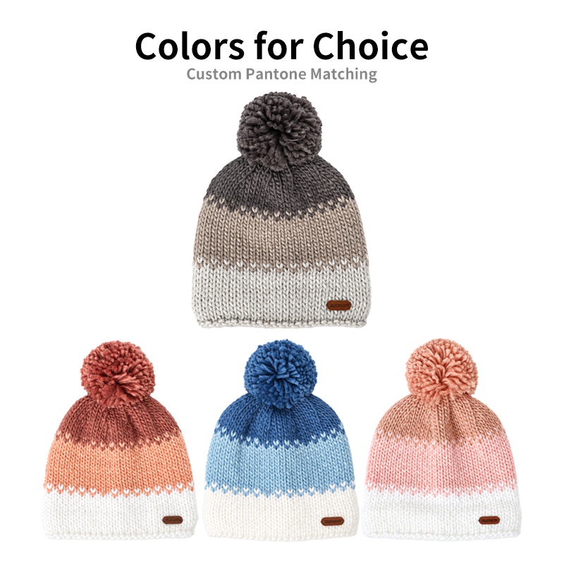 Three Tone Pom Beanie in Four Colors