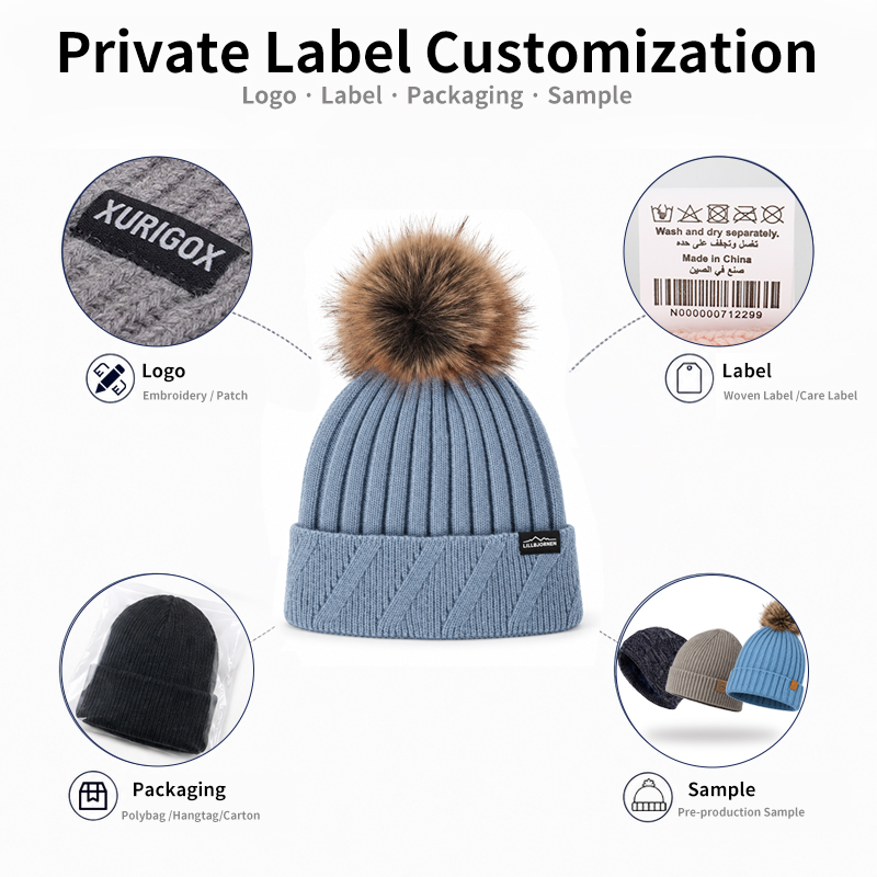 Diagonal Cable Cuff Pom Beanie