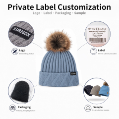 Diagonal Cable Cuff Pom Beanie