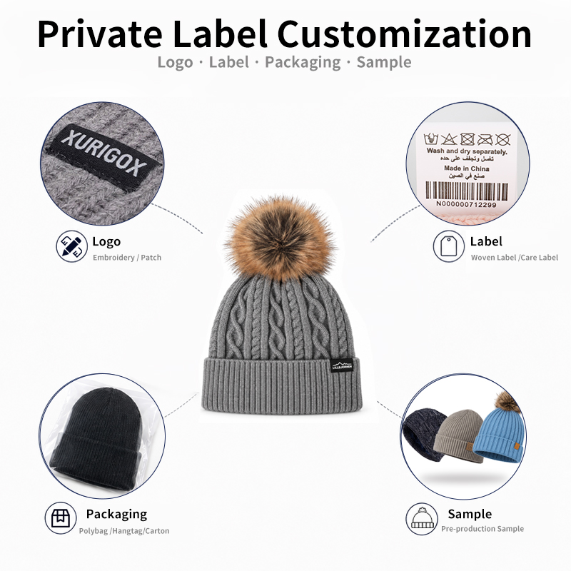Vertical Twist Cable Pom Beanie