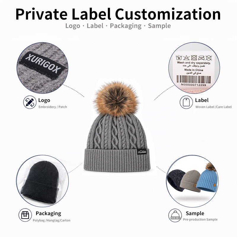 Vertical Twist Cable Pom Beanie