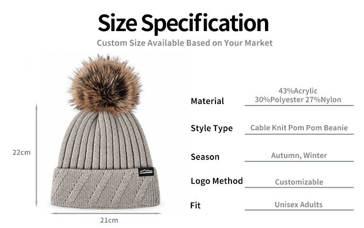 Diagonal Cable Cuff Pom Beanie