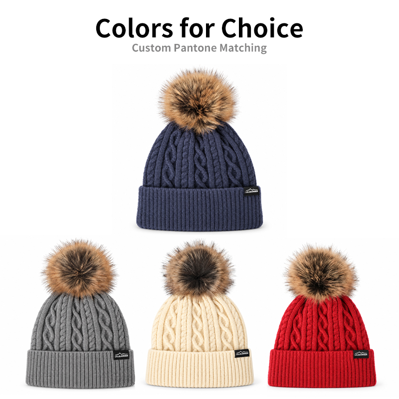 Vertical Twist Cable Pom Beanie