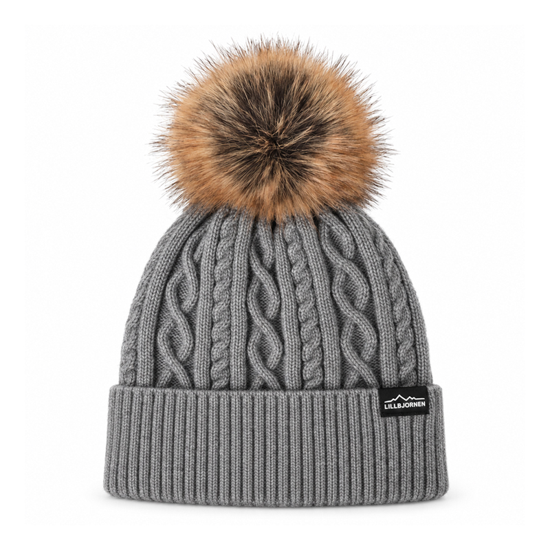 Vertical Twist Cable Pom Beanie