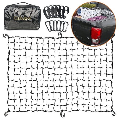 Cakubor Cargo Net for Pickup Truck Bed 4'x6' Stretches to 10'x15' Truck Accessories 4”x4” Mesh Tacoma Bed Cover Compatible with Dodge Ram, Chevy Ford