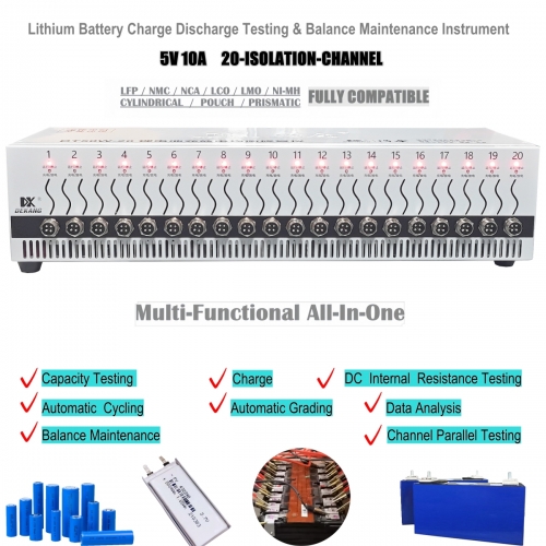 20-Channel 5V 10A Lithium Cell Charge Discharge Testing and Balance Maintenance Machine DT50W-20丨High-Precision Battery Cycler System for Manufacturers