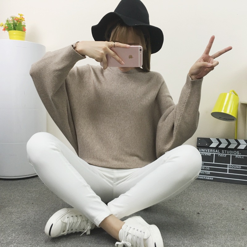 女裝春秋歐美女針織衫一字領蝙蝠袖套頭寬松韓版毛衫21102605