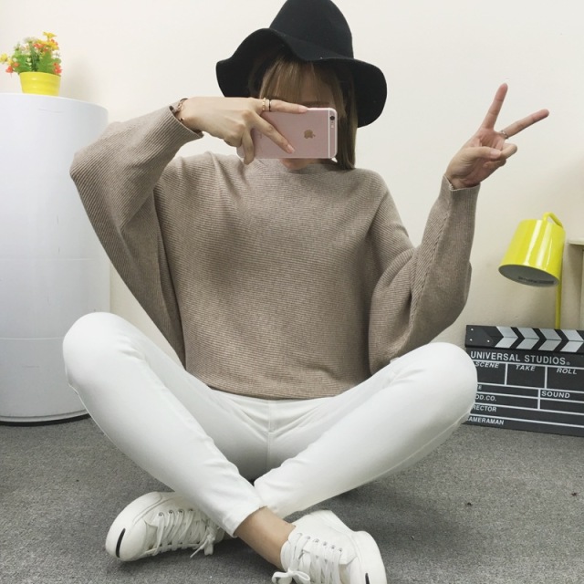 女裝春秋歐美女針織衫一字領蝙蝠袖套頭寬松韓版毛衫21102605