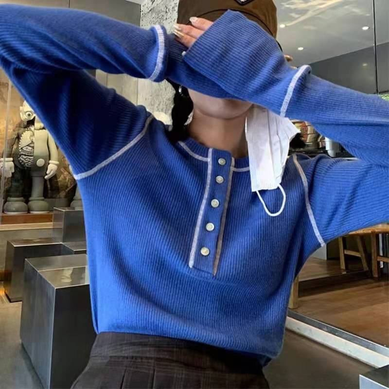 長袖圓領撞色套頭純棉打底針織衫上衣女百搭修身內搭性感21033001
