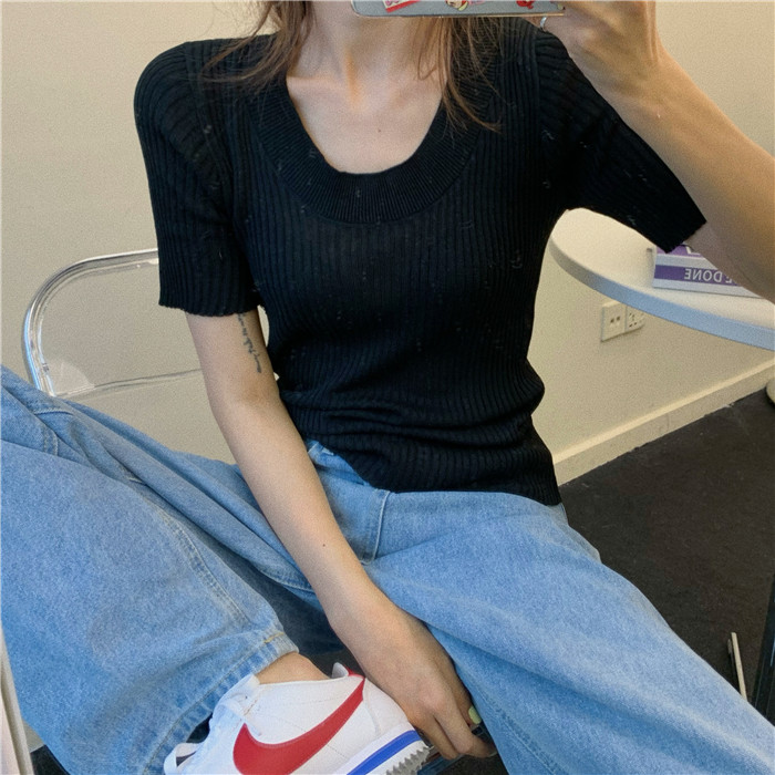 bm紫色短袖t恤女緊身ins潮夏季針織衫網紅超火露鎖骨方領法式上衣21031704