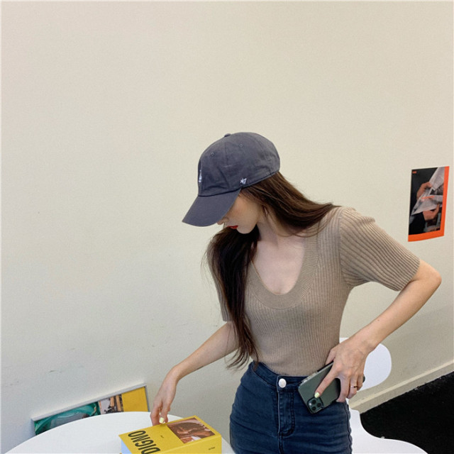 bm紫色短袖t恤女緊身ins潮夏季針織衫網紅超火露鎖骨方領法式上衣21031704