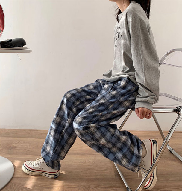 复古港味松紧腰格子休闲裤女宽松可调节束脚长裤ins潮哈伦格纹裤21032706