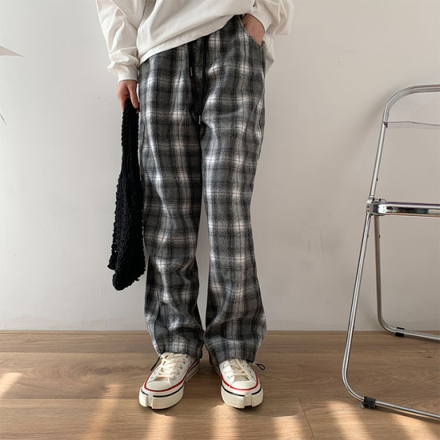复古港味松紧腰格子休闲裤女宽松可调节束脚长裤ins潮哈伦格纹裤21032706
