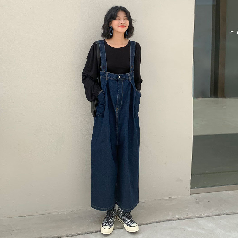 牛仔背带裤女chic小众复古港味韩版宽松可爱日系小个子21033005
