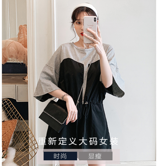 新款大碼女裝收腰顯瘦T恤裙女夏胖妹妹寬松設計感短款連衣裙21033002