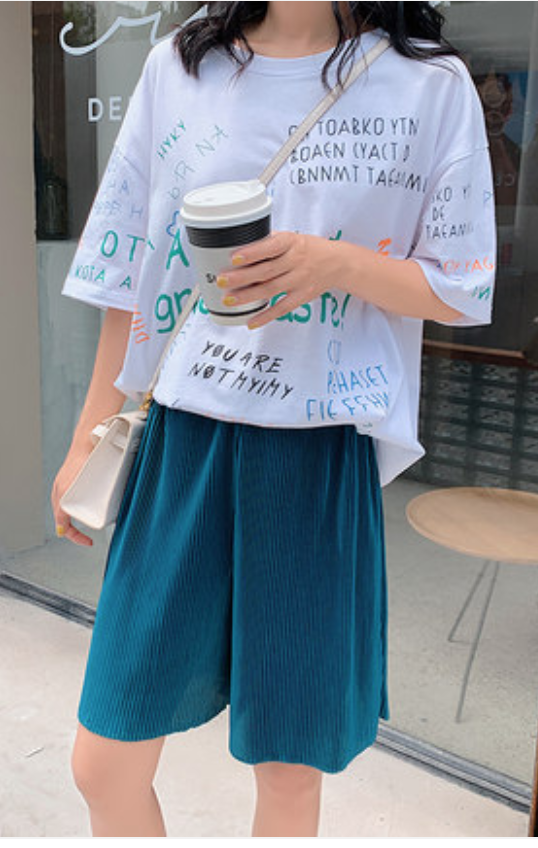 冰絲闊腿五分褲女夏季新款寬松高腰垂感百褶直筒中褲薄款休閒短褲21040101