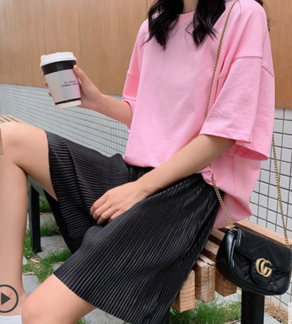 冰絲闊腿五分褲女夏季新款寬松高腰垂感百褶直筒中褲薄款休閒短褲21040101