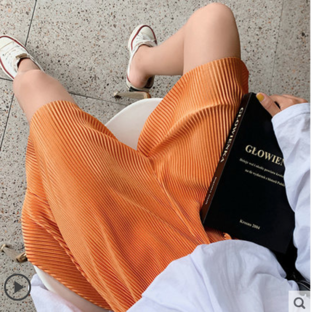 冰絲闊腿五分褲女夏季新款寬松高腰垂感百褶直筒中褲薄款休閒短褲21040101