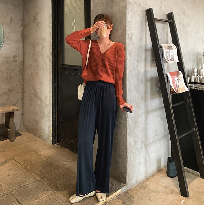 春夏慵懶風格長褲百褶高腰寬松垂感直筒顯瘦拖地條紋闊腿褲女21040203