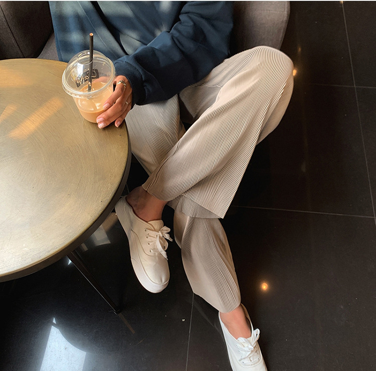 春夏慵懶風格長褲百褶高腰寬松垂感直筒顯瘦拖地條紋闊腿褲女21040203