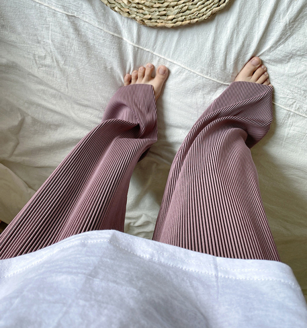 春夏慵懶風格長褲百褶高腰寬松垂感直筒顯瘦拖地條紋闊腿褲女21040203